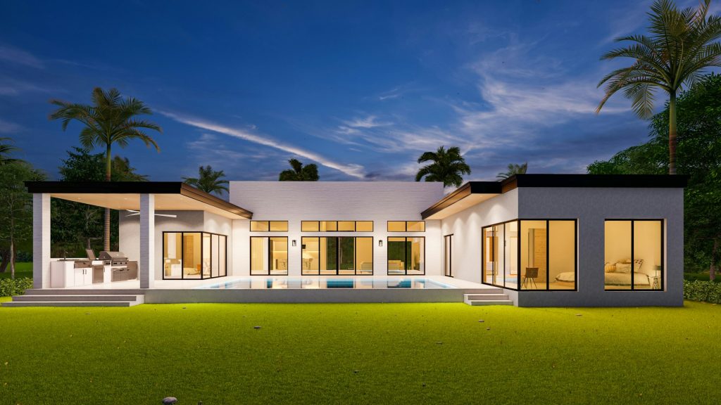 Modern home lit up in the evening