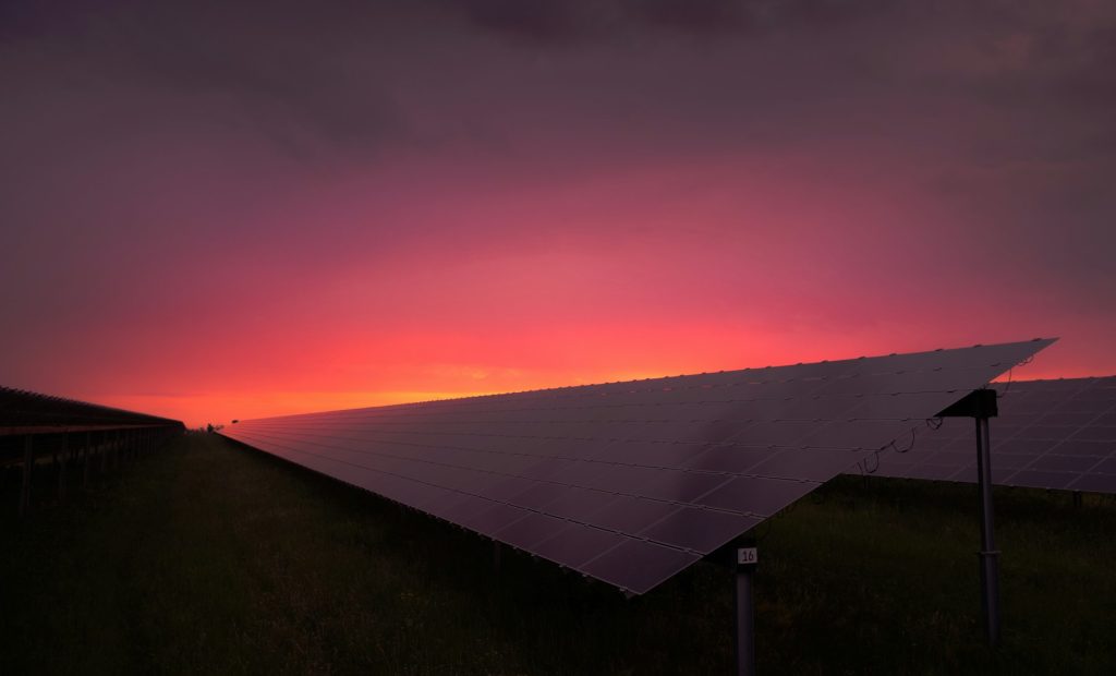 Solar panels at sunset