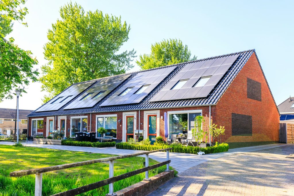 Row of homes with rooftop solar panels